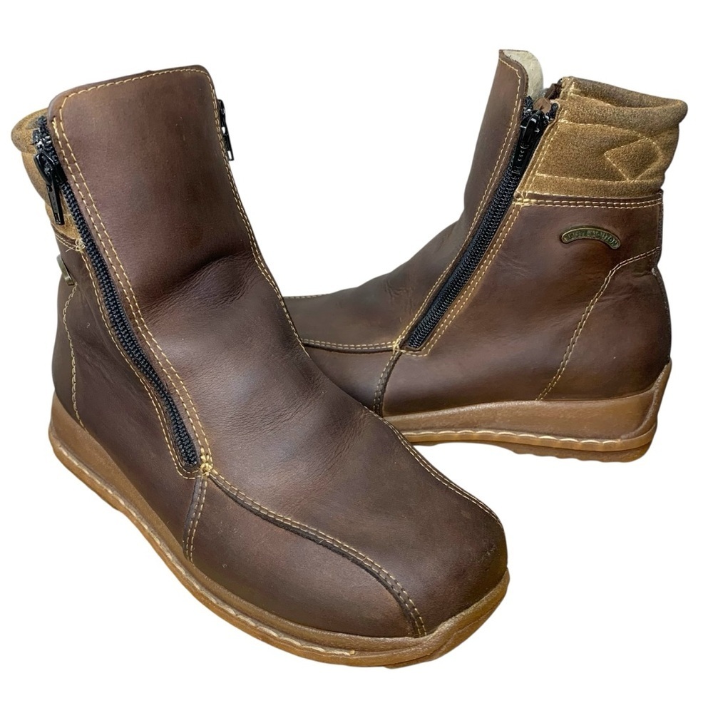 Saute Mouton Brown Moc Leather Zip-Up Boots Sherpa Lined Handcrafted Booties 38